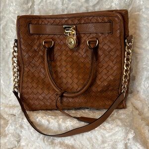 Michael Kors Brown and Gold Shoulder Bag with Woven Leather